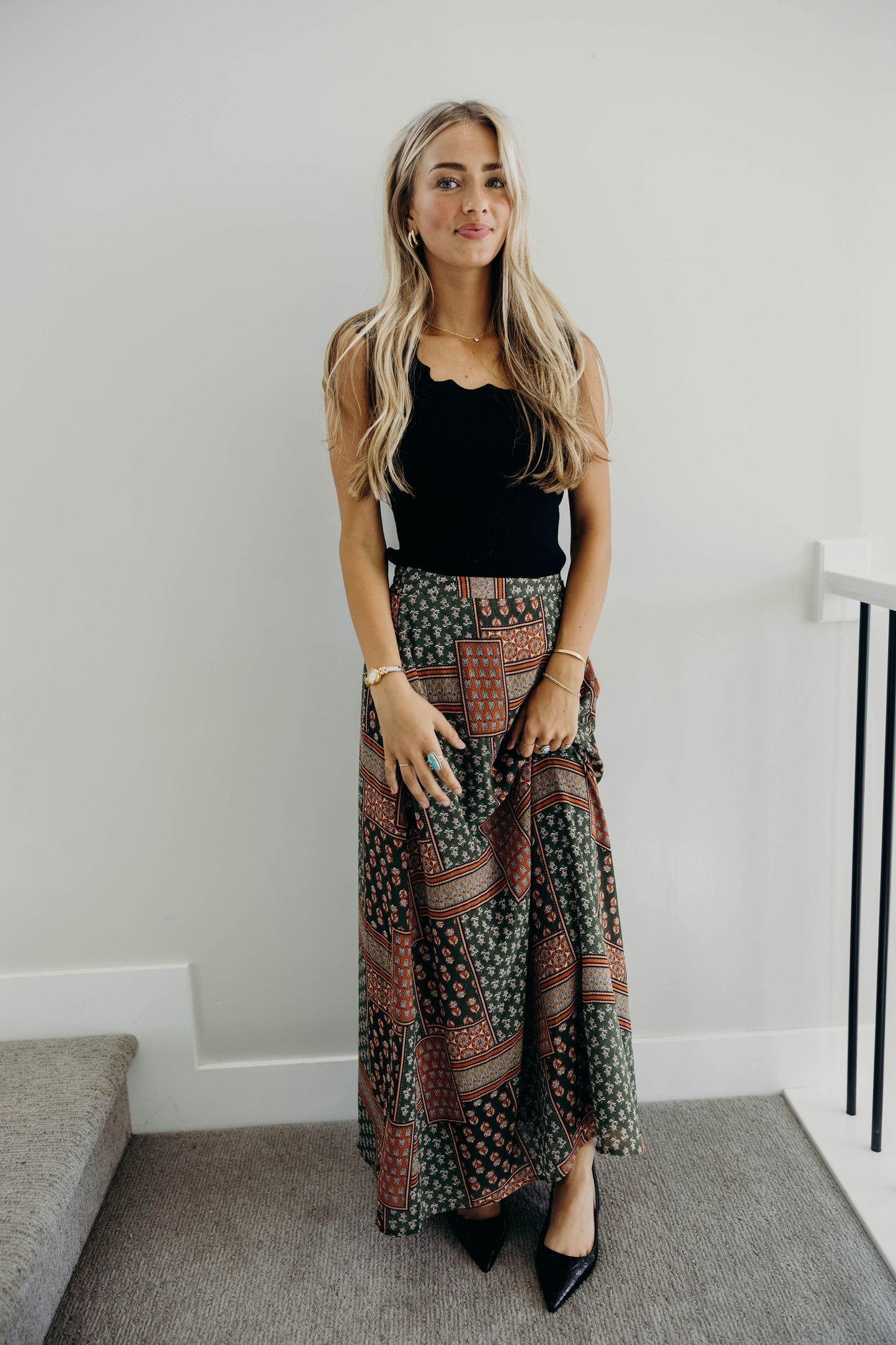 MAXI SLIP SKIRT IN OLIVE TAPESTRY