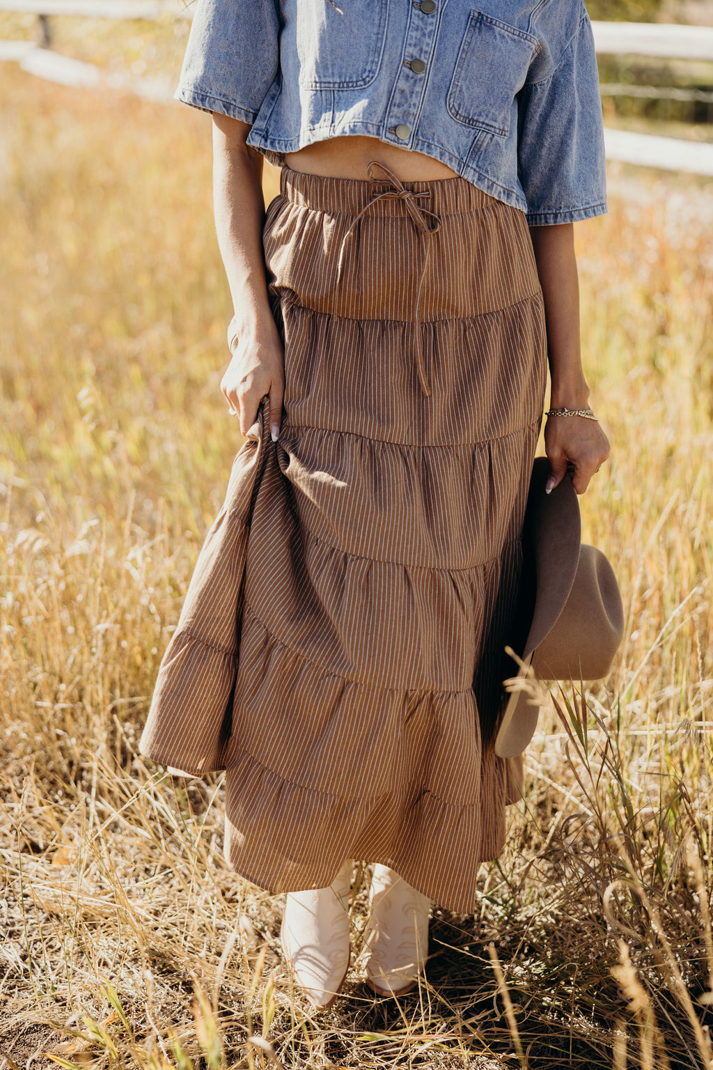 DRAWSTRING BOHO SKIRT IN SADDLE STRIPE