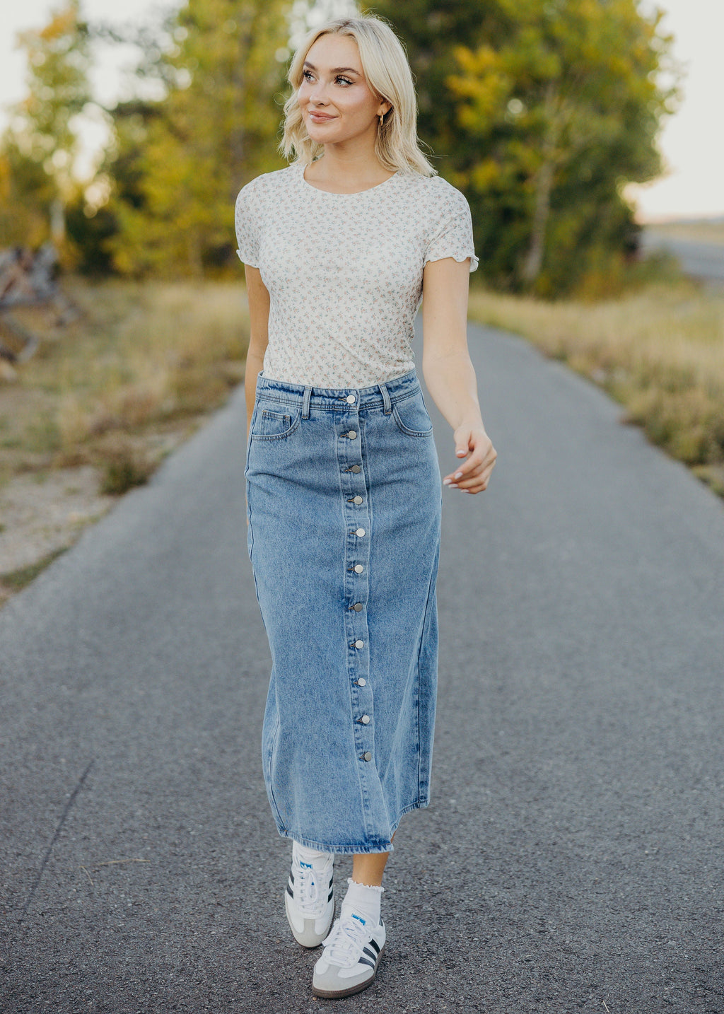 DENIM BUTTON MAXI SKIRT IN FADED WASH FINAL SALE