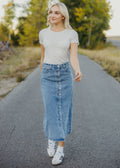 DENIM BUTTON MAXI SKIRT IN FADED WASH FINAL SALE