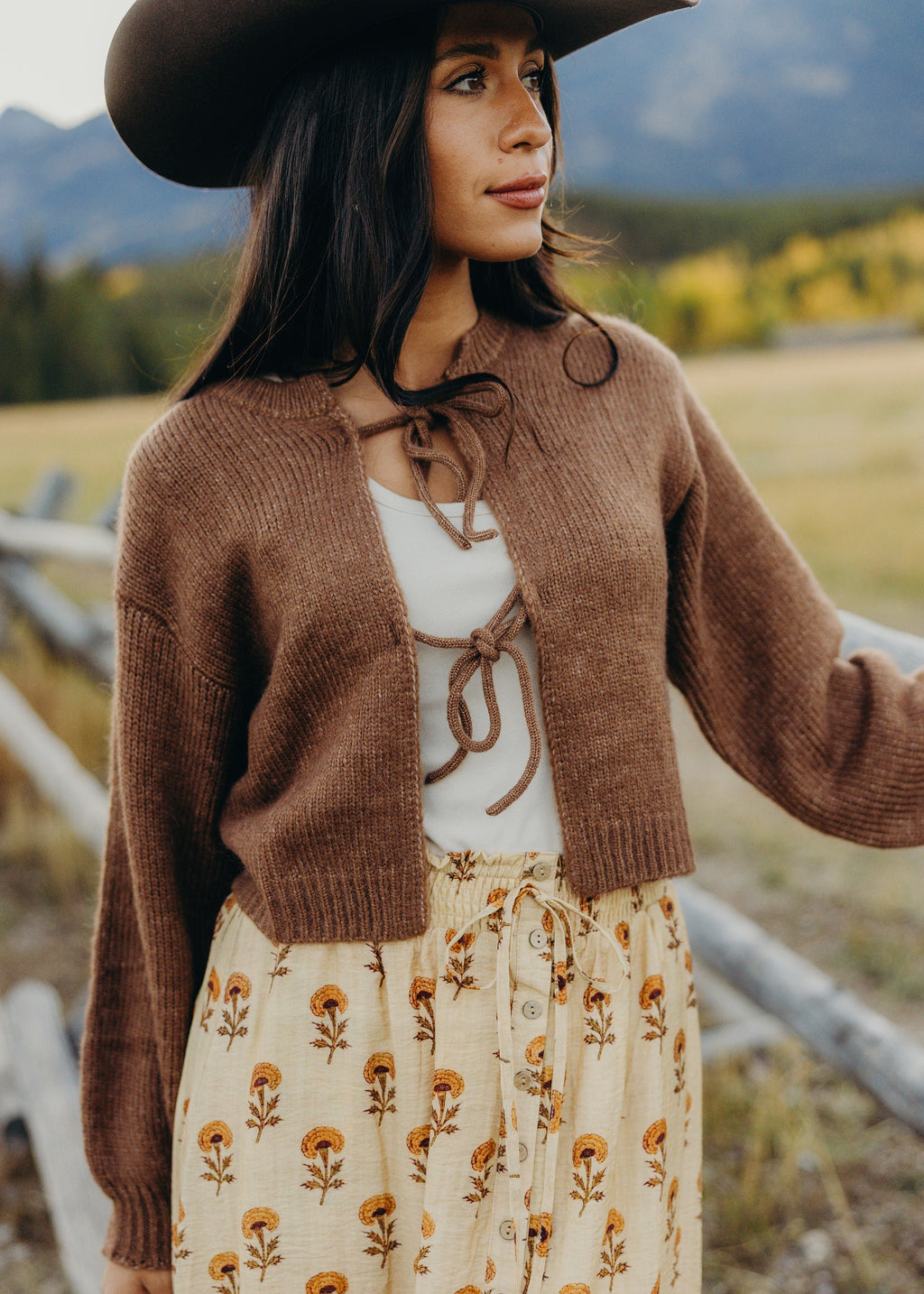 BOW FRONT CROP SWEATER IN FAWN