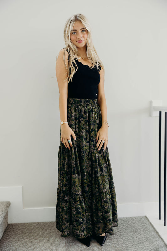 TIERED BOHO SKIRT IN HERITAGE IVY
