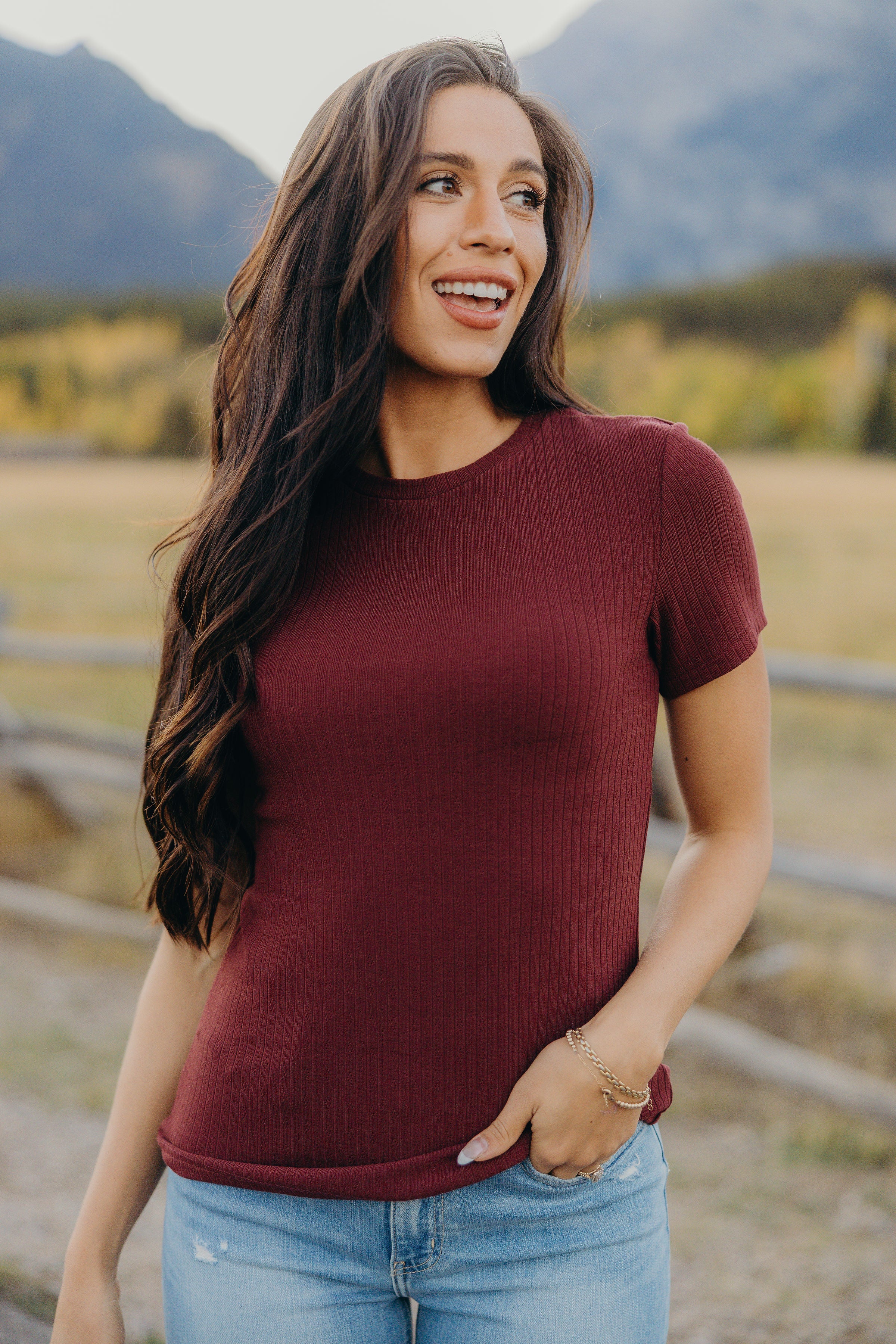 POINTELLE TOP IN BEET RED