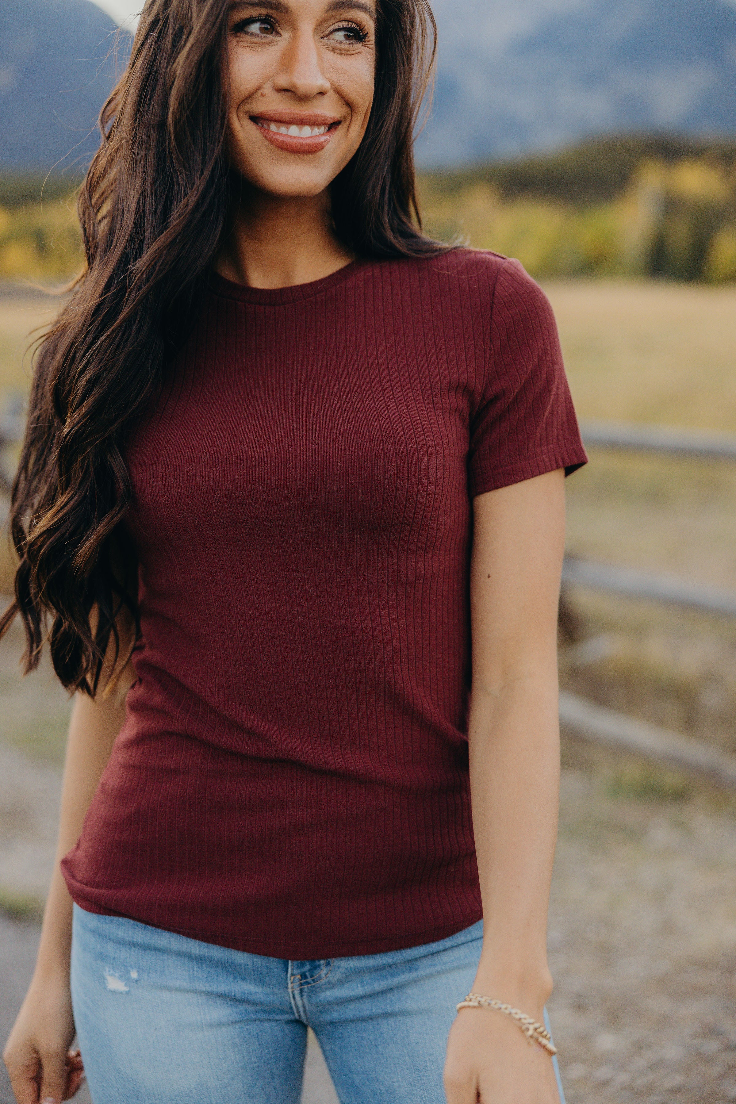 POINTELLE TOP IN BEET RED
