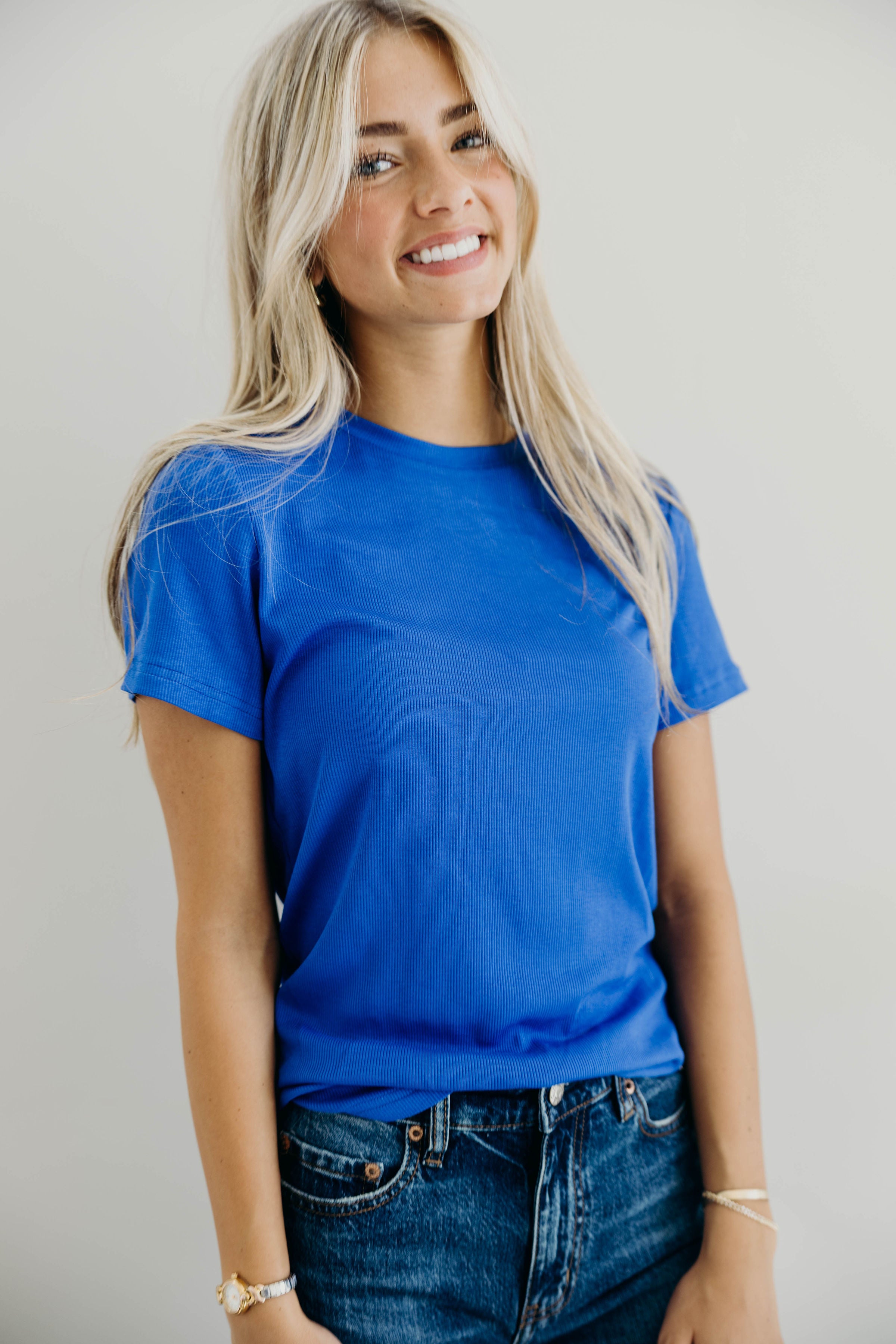 SHORT SLEEVE RIBBED TEE IN COBALT FINAL SALE