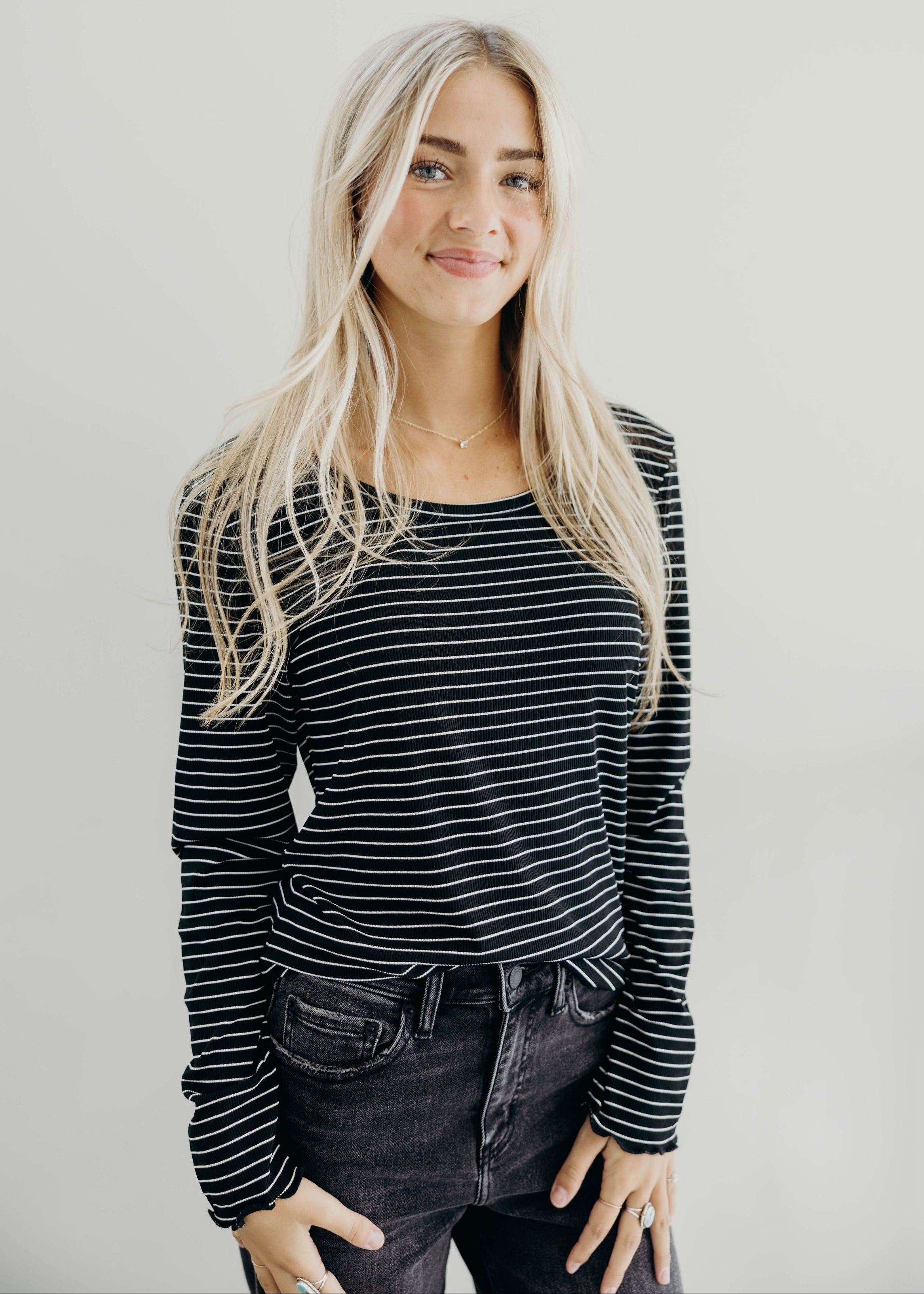 LONG SLEEVE RIBBED TEE IN BLACK STRIPE FINAL SALE