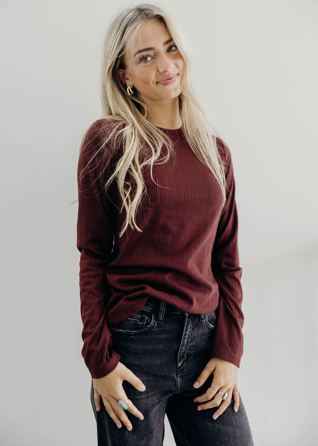 POINTELLE LONG SLEEVE TEE IN WINE FINAL SALE