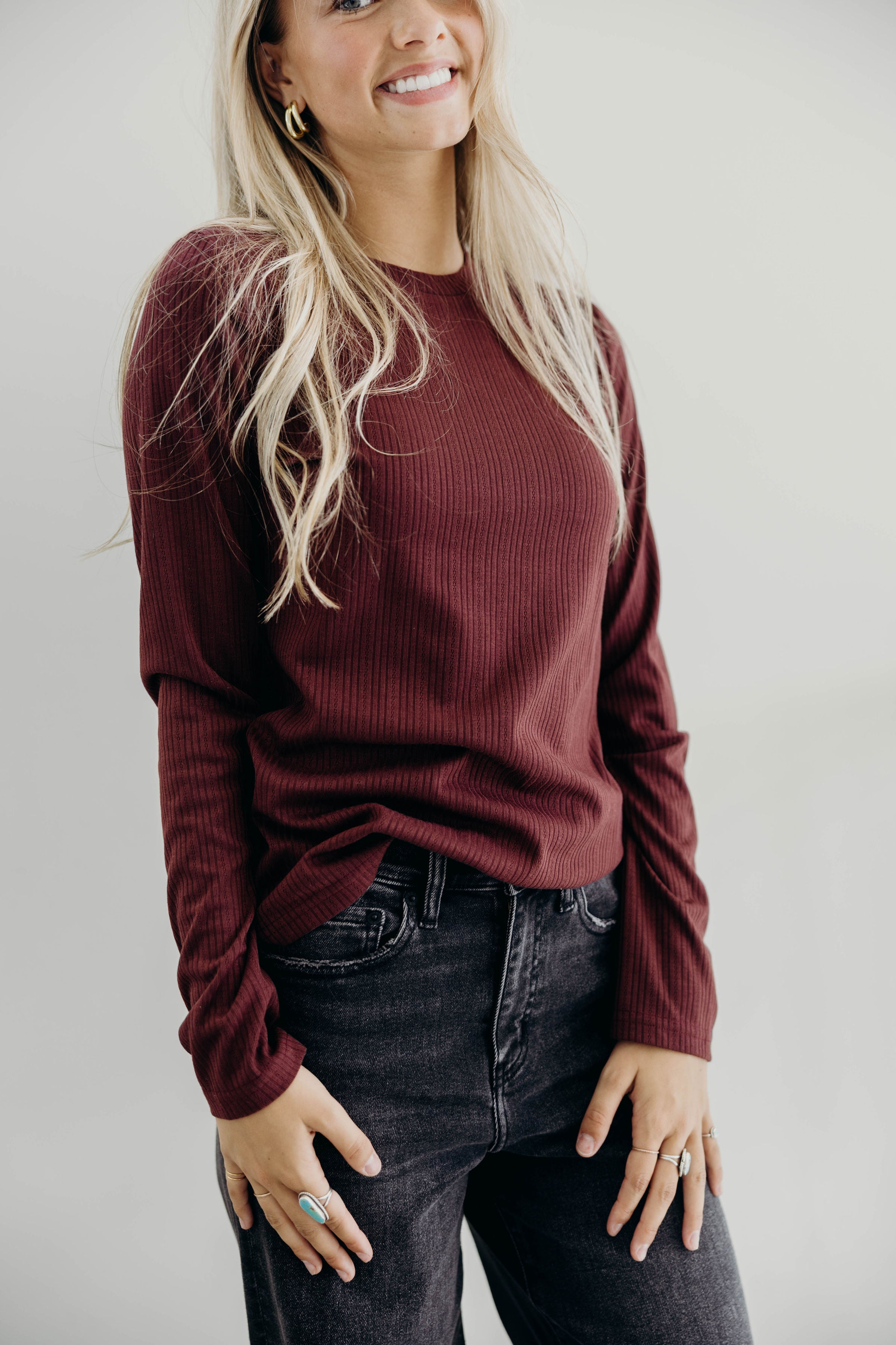POINTELLE LONG SLEEVE TEE IN WINE FINAL SALE