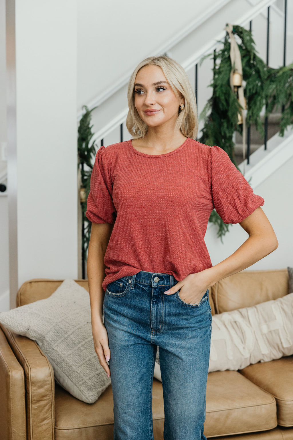 TEXTURED PUFF SLEEVE BLOUSE IN DESERT ROSE