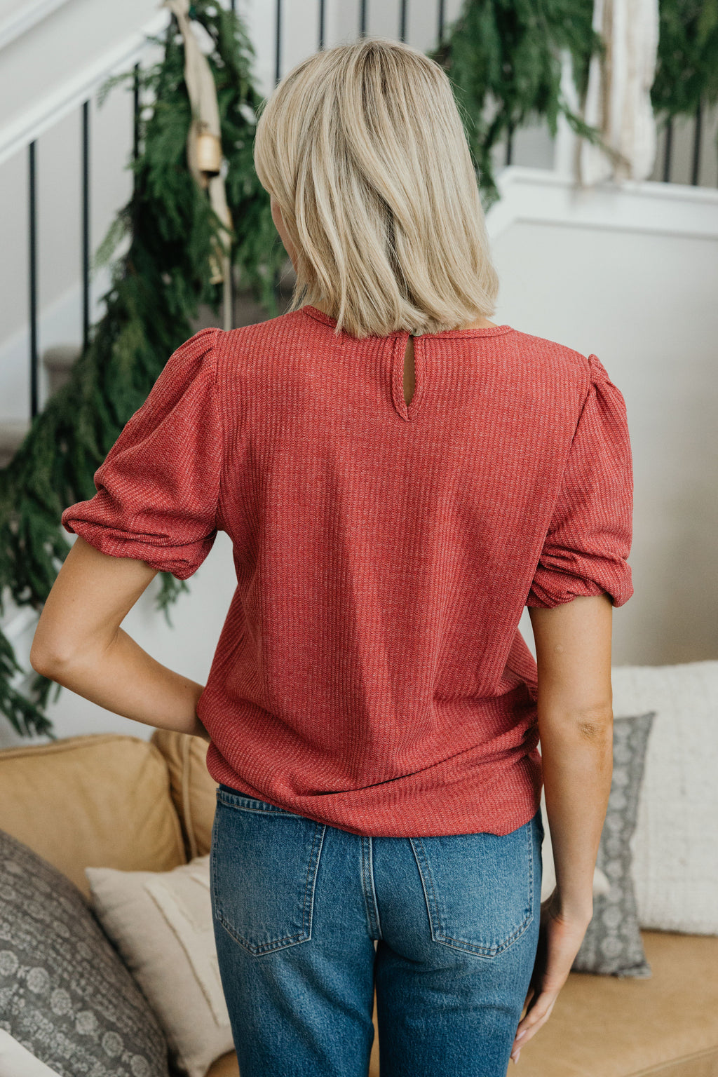 TEXTURED PUFF SLEEVE BLOUSE IN DESERT ROSE