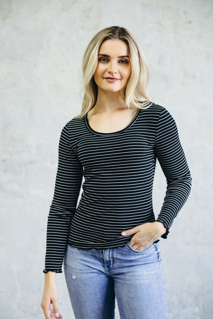 LONG SLEEVE RIBBED TEE IN BLACK STRIPE FINAL SALE