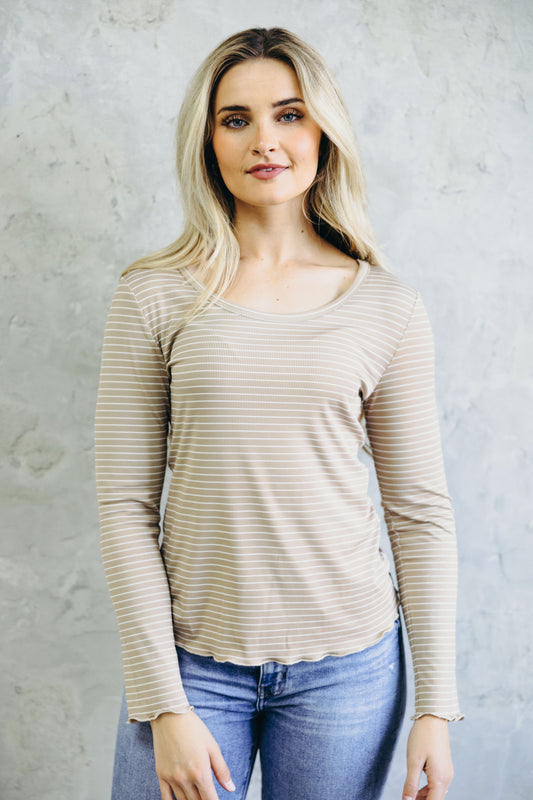 LONG SLEEVE RIBBED TEE IN BEIGE STRIPE FINAL SALE