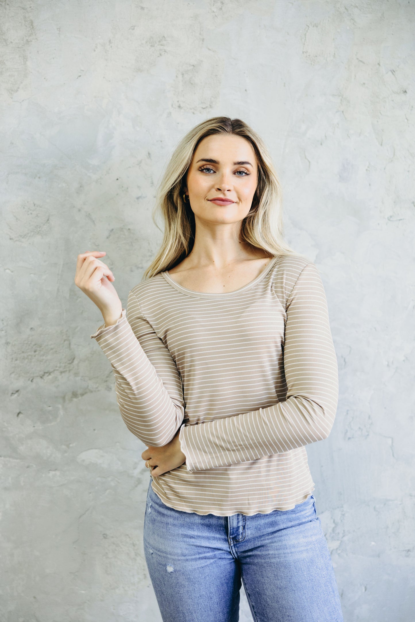 LONG SLEEVE RIBBED TEE IN BEIGE STRIPE FINAL SALE