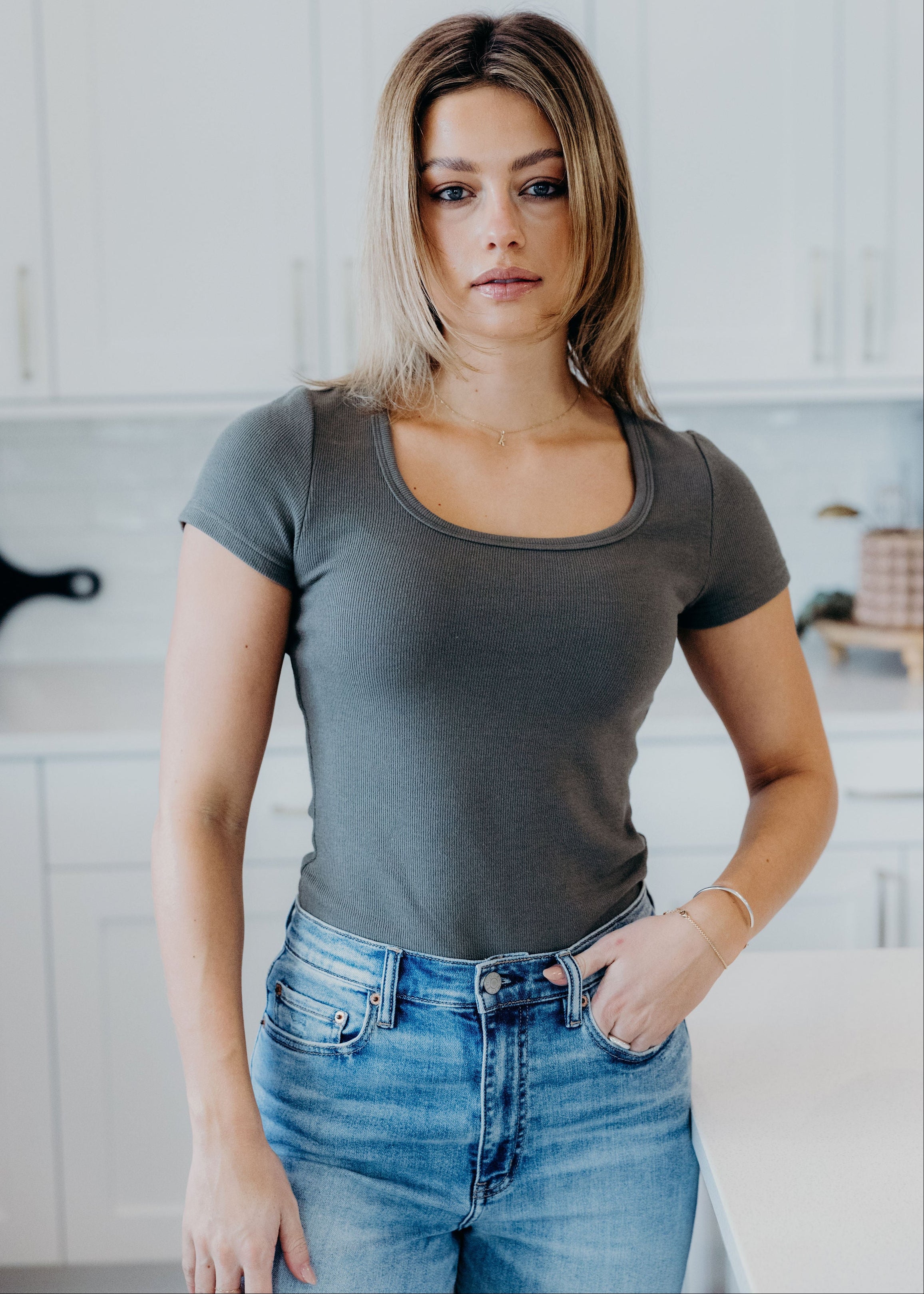 RIBBED SWEATER SCOOP TEE IN BASIL FINAL SALE