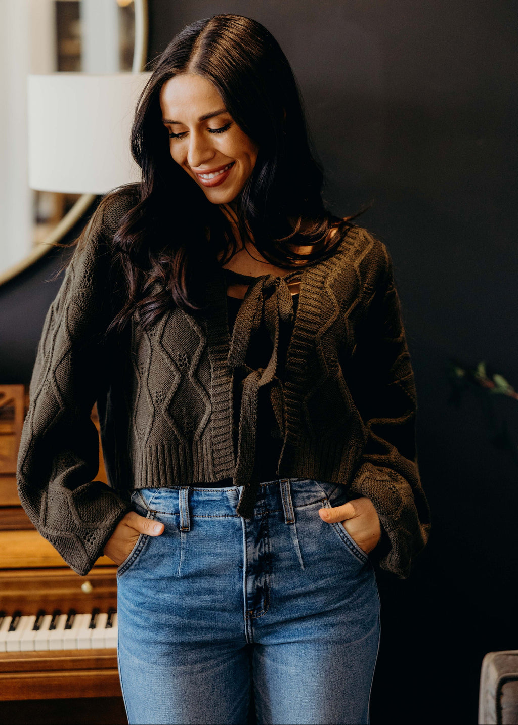 KNOTTED LONG SLEEVE CARDIGAN IN THYME LEAF