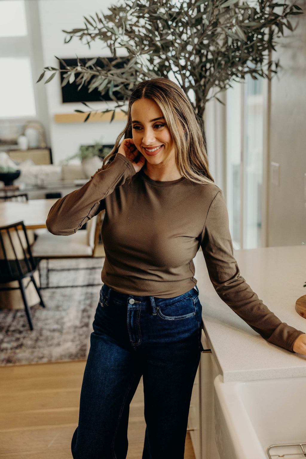 HIGH NECK LONG SLEEVE TEE IN DRIED SAGE FINAL SALE