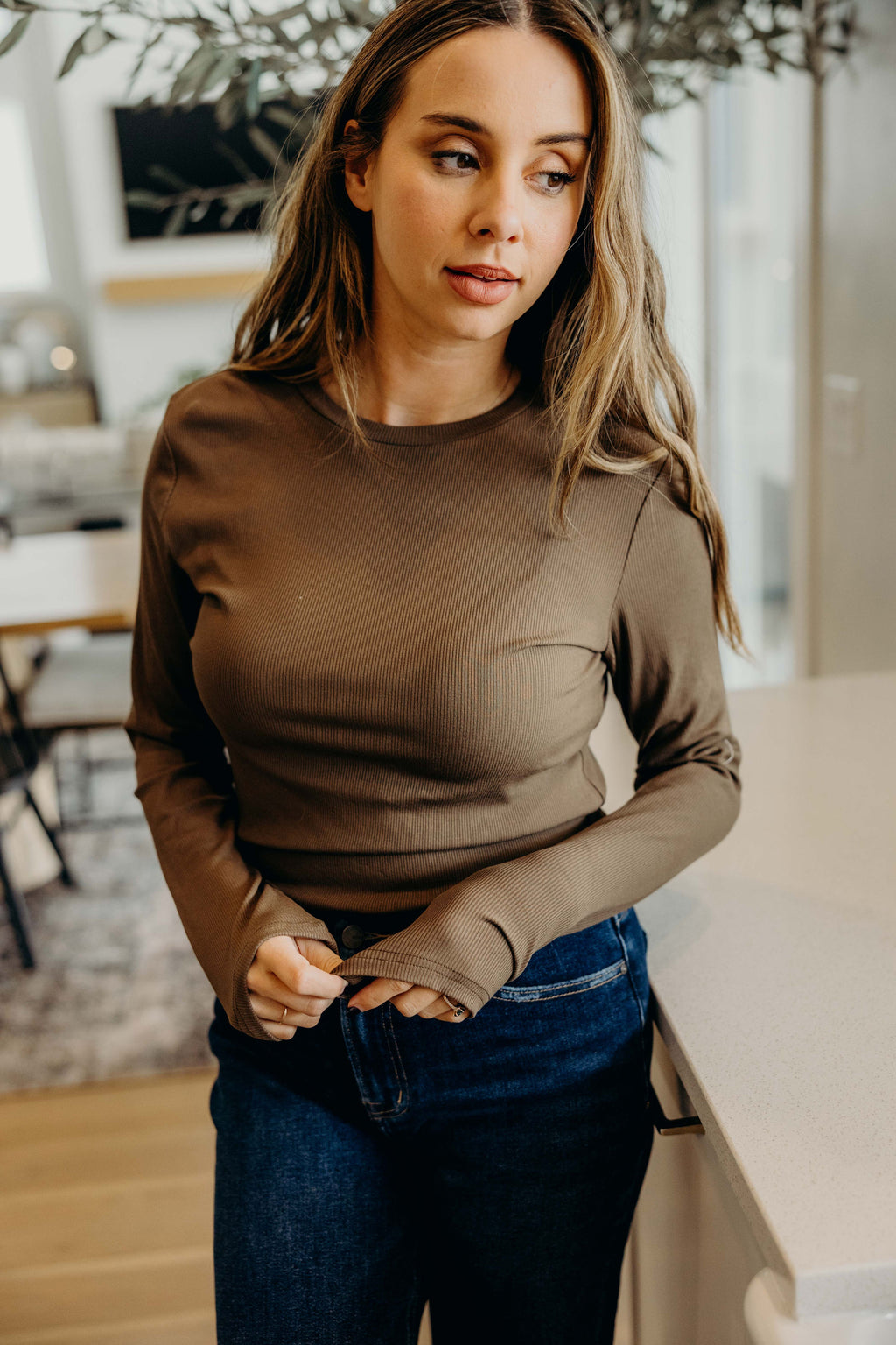 HIGH NECK LONG SLEEVE TEE IN DRIED SAGE FINAL SALE