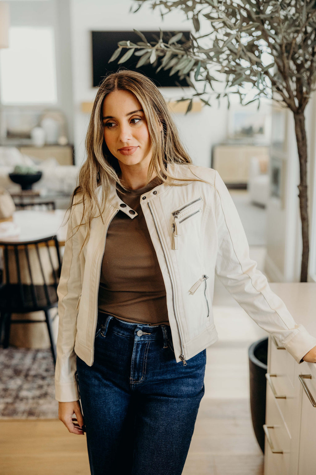 MOTO FAUX LEATHER JACKET IN WINTER WHITE FINAL SALE