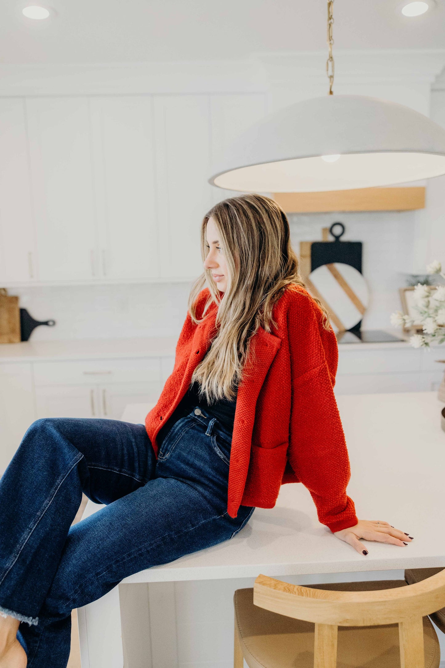 BUTTON FRONT CARDI IN RIBBON RED