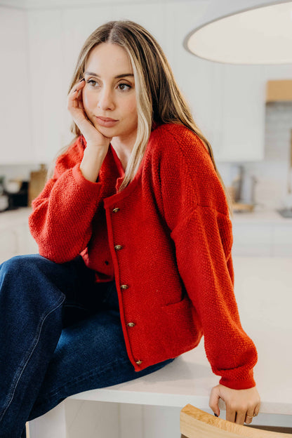 BUTTON FRONT CARDI IN RIBBON RED