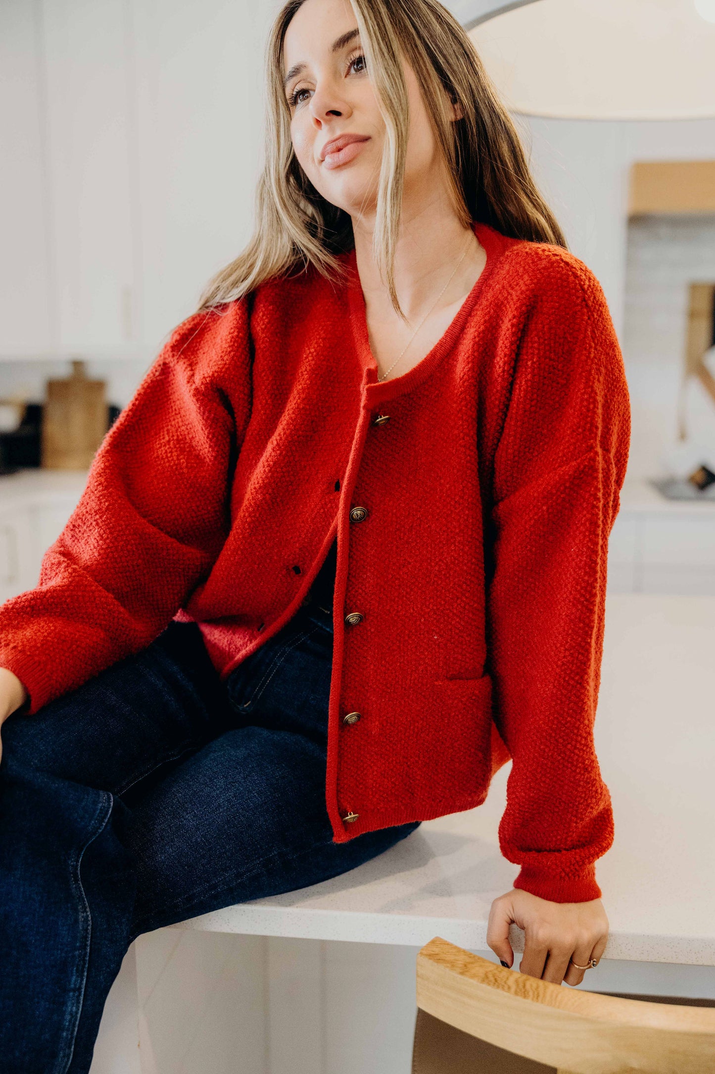 BUTTON FRONT CARDI IN RIBBON RED