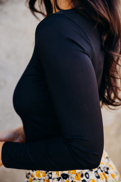 RIBBED LONG SLEEVE BODYSUIT IN BLACK