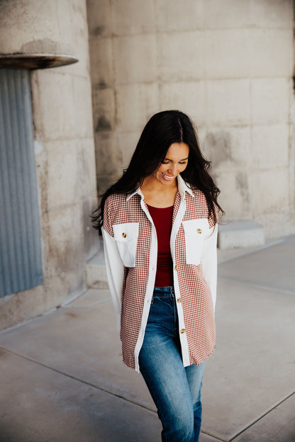 HOUNDSTOOTH CORDUROY JACKET IN CRANBERRY