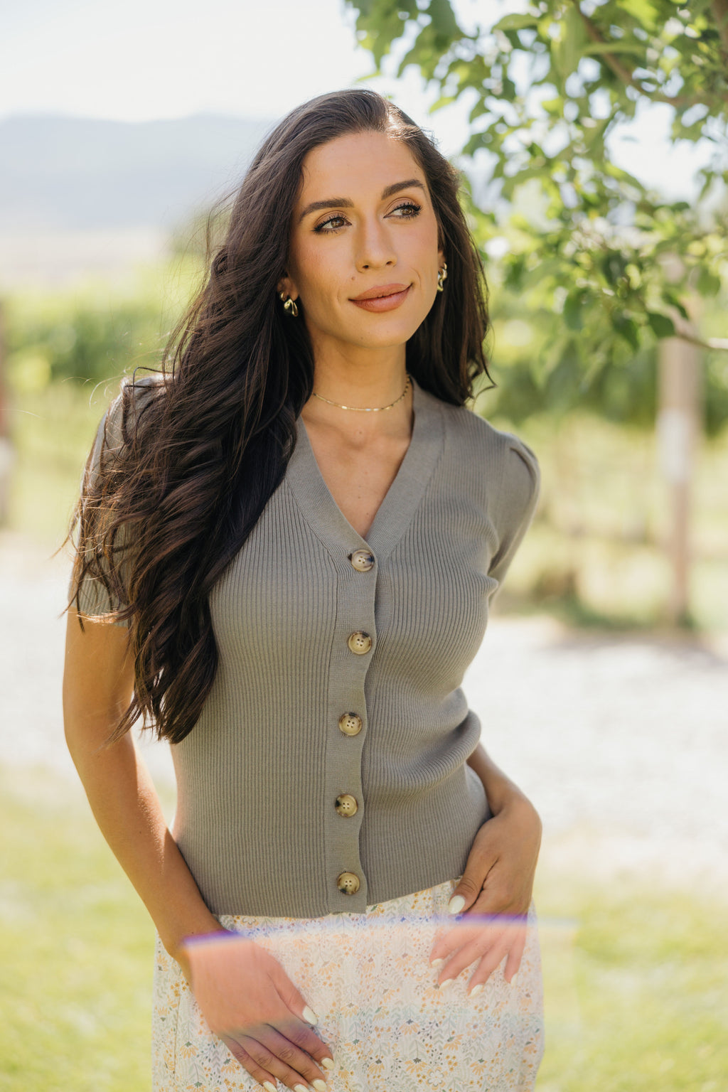 SHORT SLEEVE CARDIGAN IN MOSS GRAY FINAL SALE
