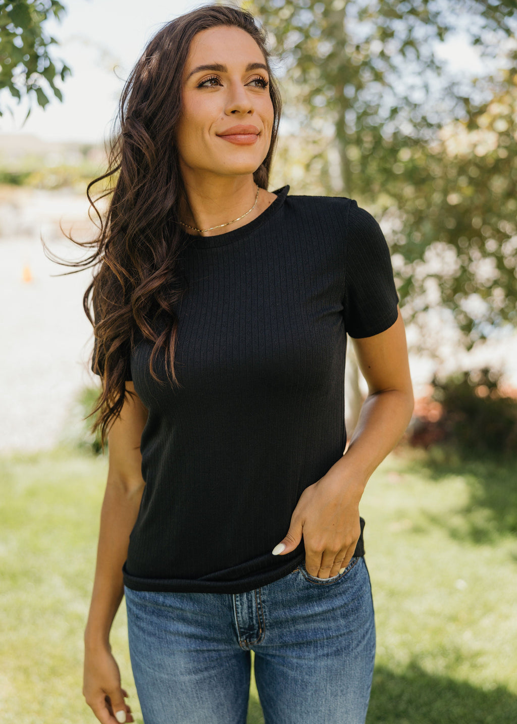 LETTUCE EDGE POINTELLE TEE IN BLACK