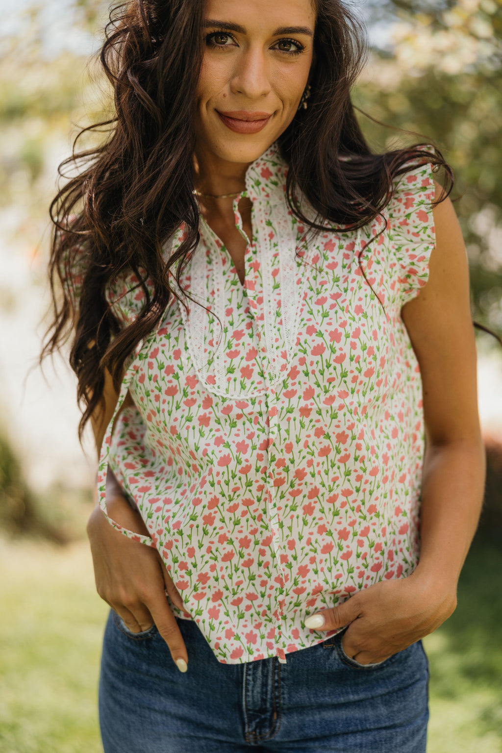 PINTUCK FLUTTER BLOUSE IN PEONY PICNIC