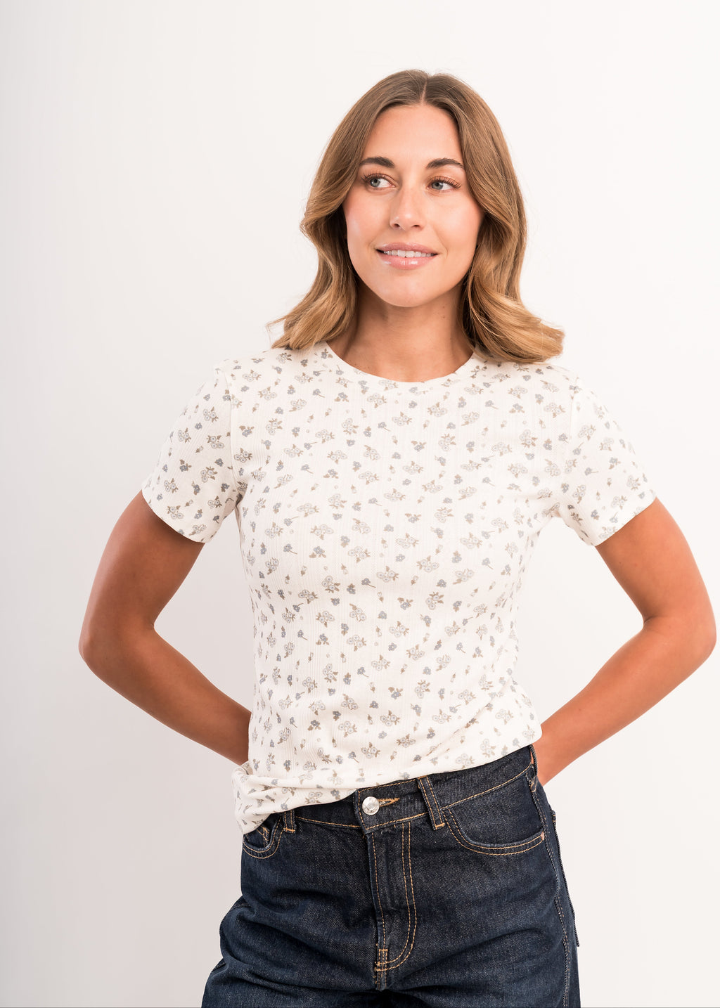 POINTELLE PRINTED TOP IN DUSTY CORNFLOWER