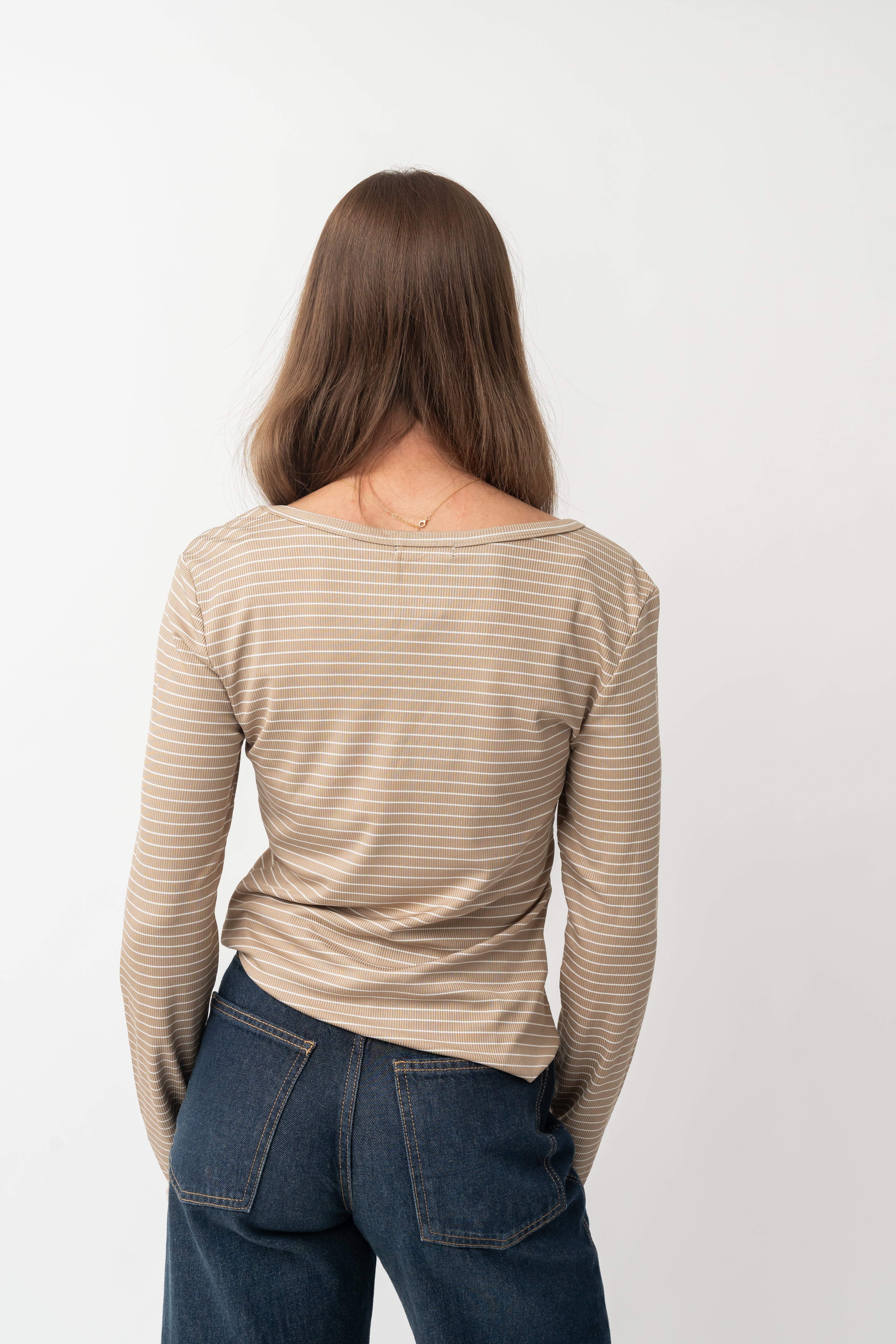 LONG SLEEVE RIBBED TEE IN BEIGE STRIPE FINAL SALE