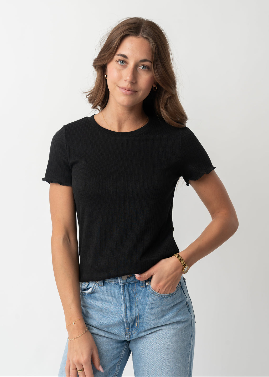 LETTUCE EDGE POINTELLE TEE IN BLACK