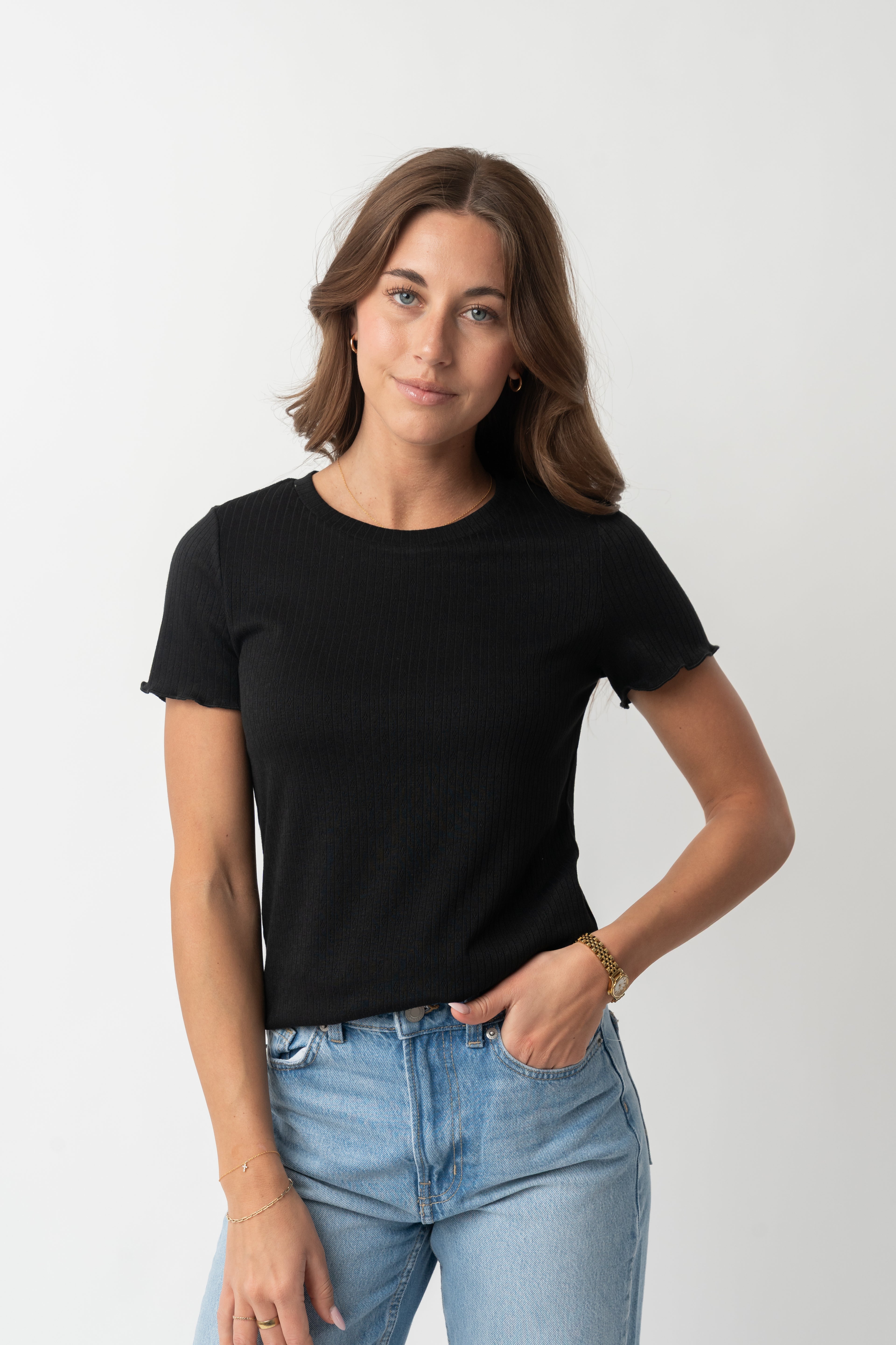 LETTUCE EDGE POINTELLE TEE IN BLACK